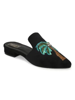 Black Suede Tropical Embroidery Kitten Heel Mules (TC-SLC-MJ-12-BLK)