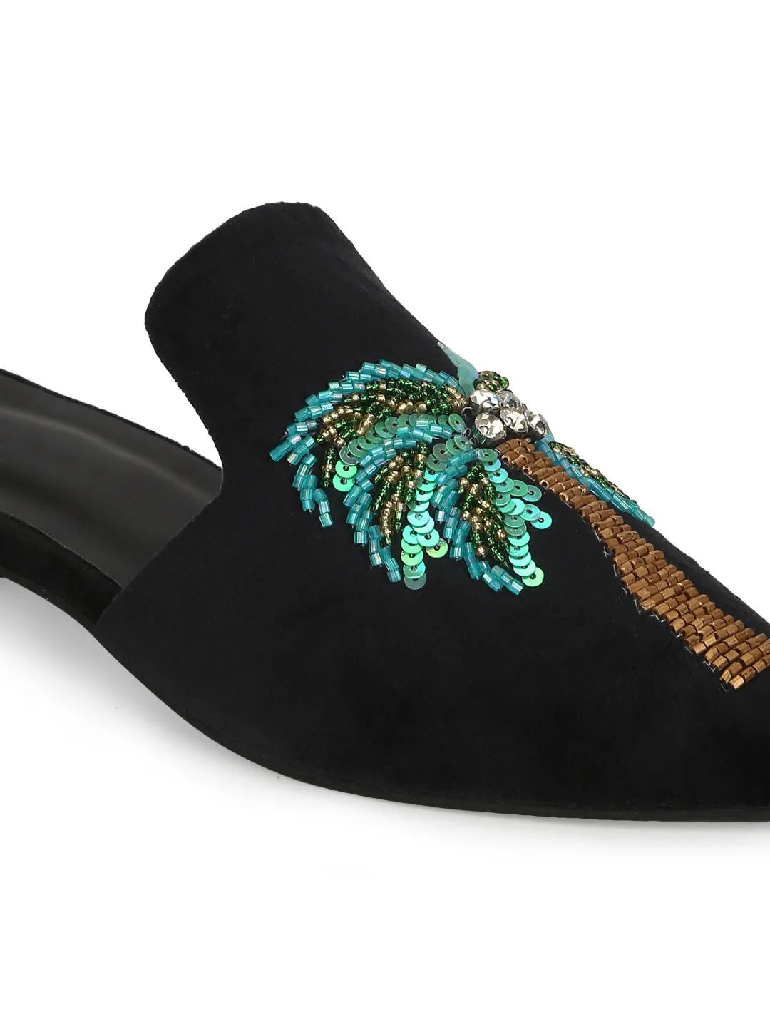 Black Suede Tropical Embroidery Kitten Heel Mules (TC-SLC-MJ-12-BLK)