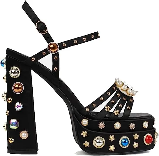 Black Women's Ankle Strap High Heel Sandals Rhinestone Diamond Chunky Heels