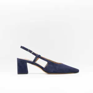 Block Heeled Slingback in Navy Suede