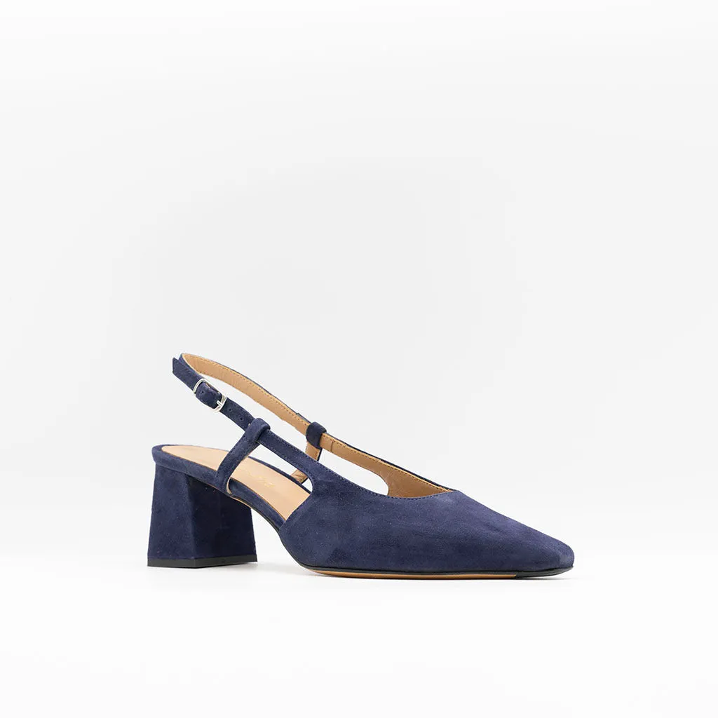 Block Heeled Slingback in Navy Suede