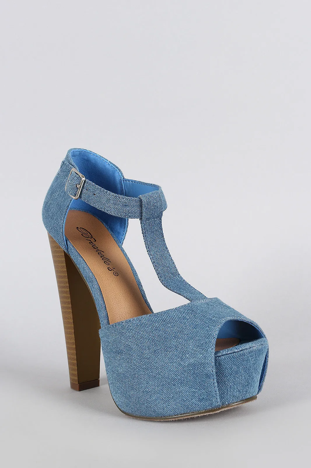 Breckelle Denim T-Strap Peep Toe Platform Heel