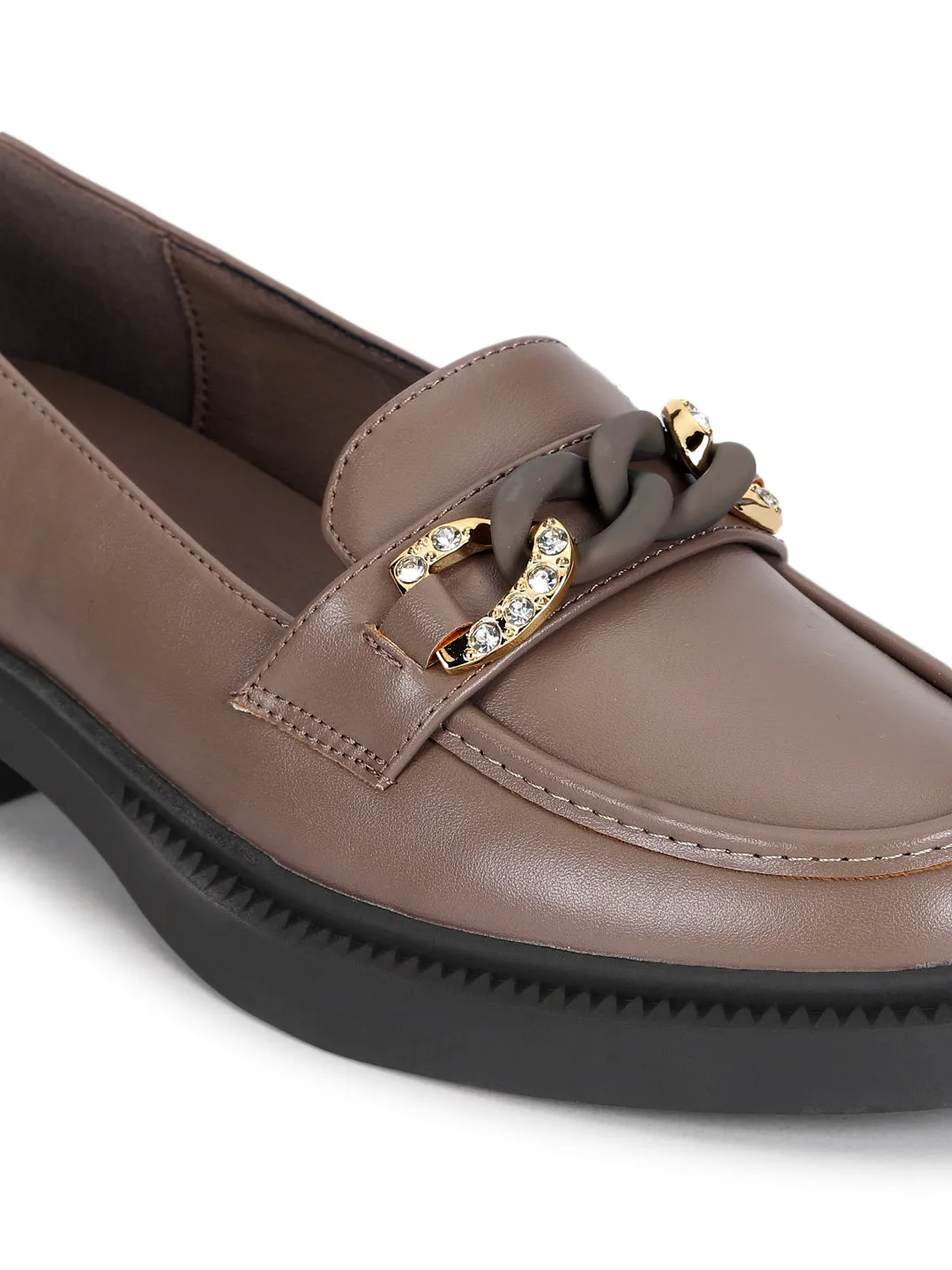 Brown PU Embellished Slip-On Heel Loafers (TC-RS3589-BRO)