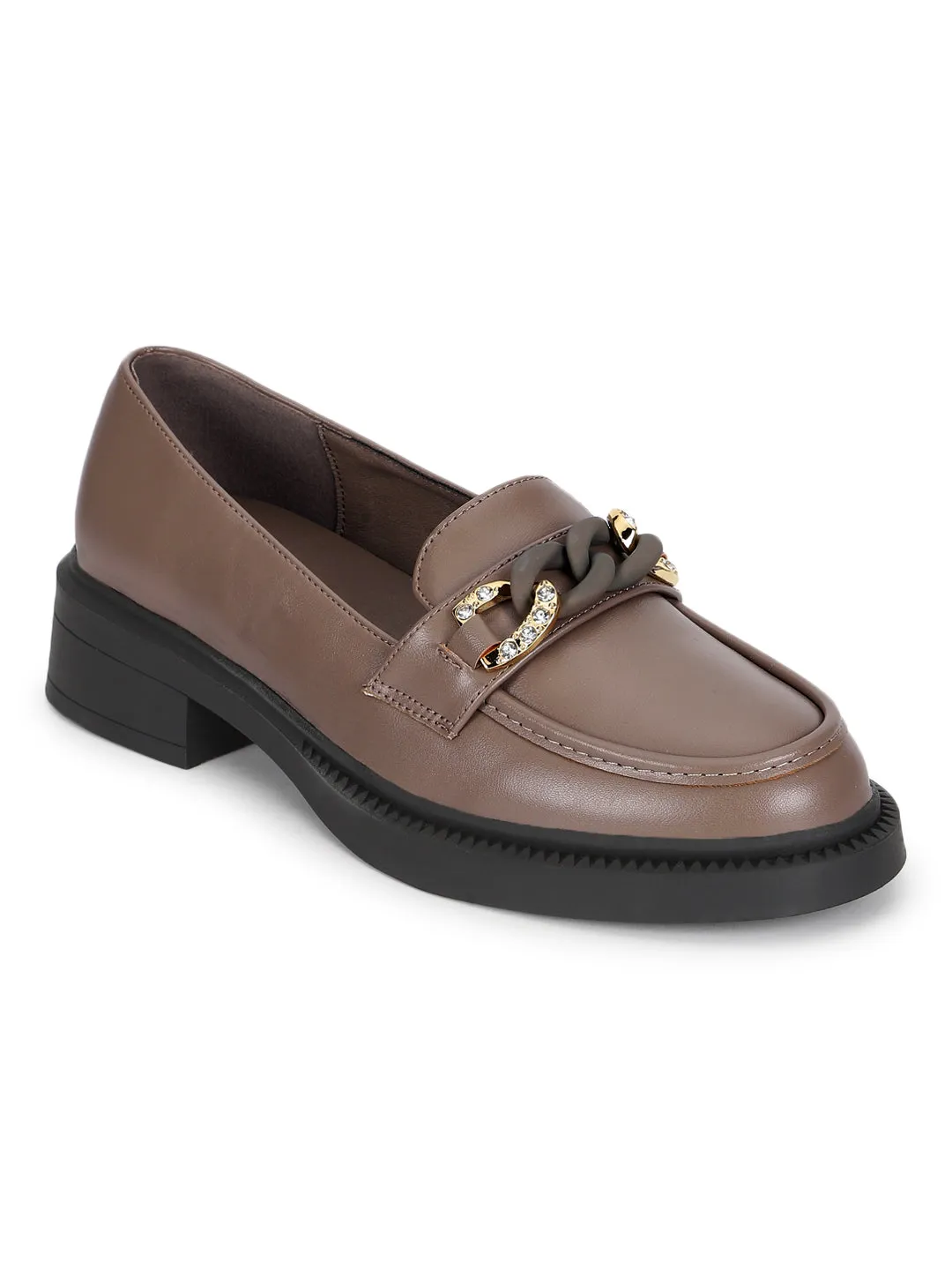 Brown PU Embellished Slip-On Heel Loafers (TC-RS3589-BRO)