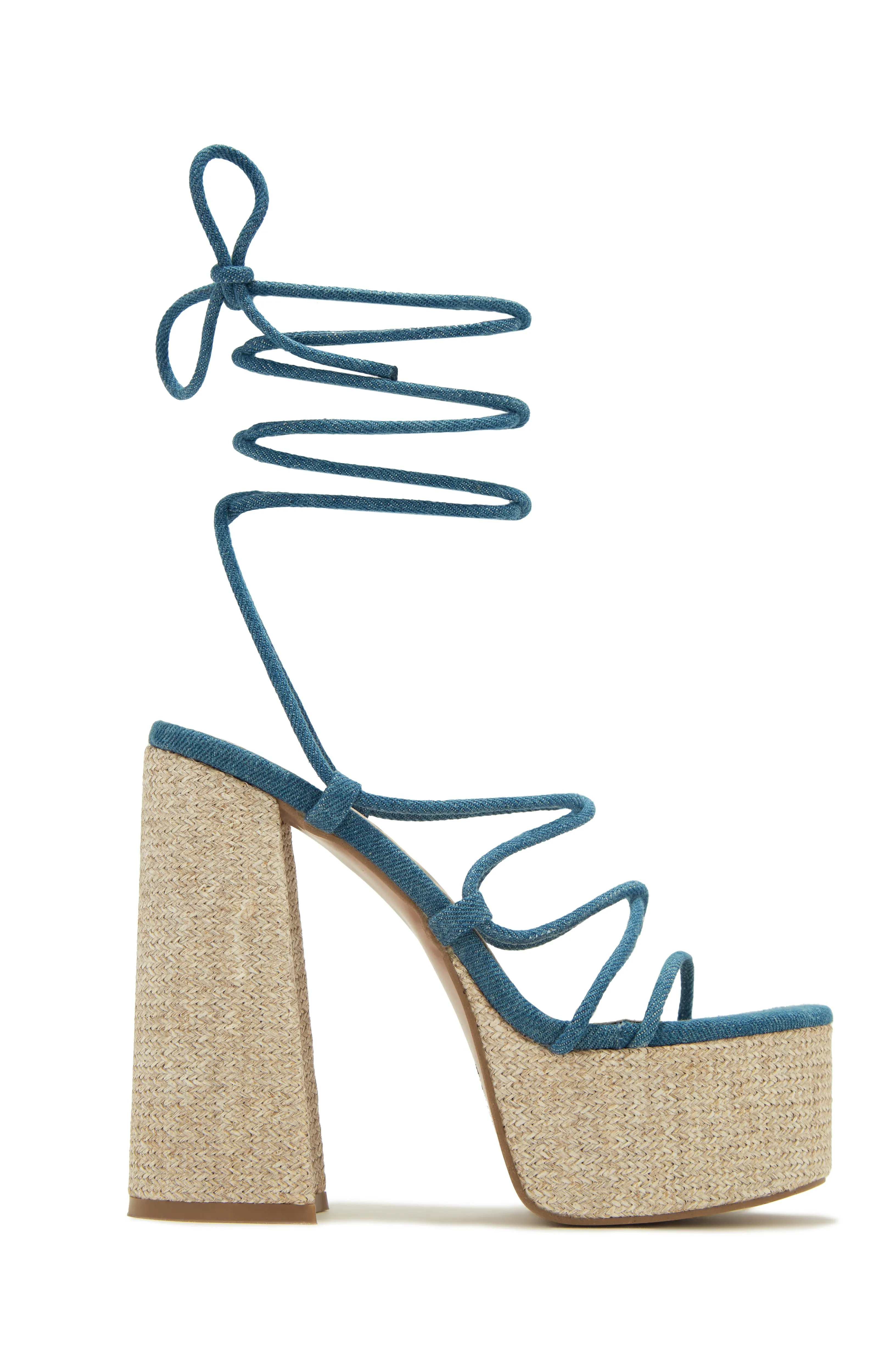 Brunch Al Fresco Lace Up Platform Block High Heels - Denim