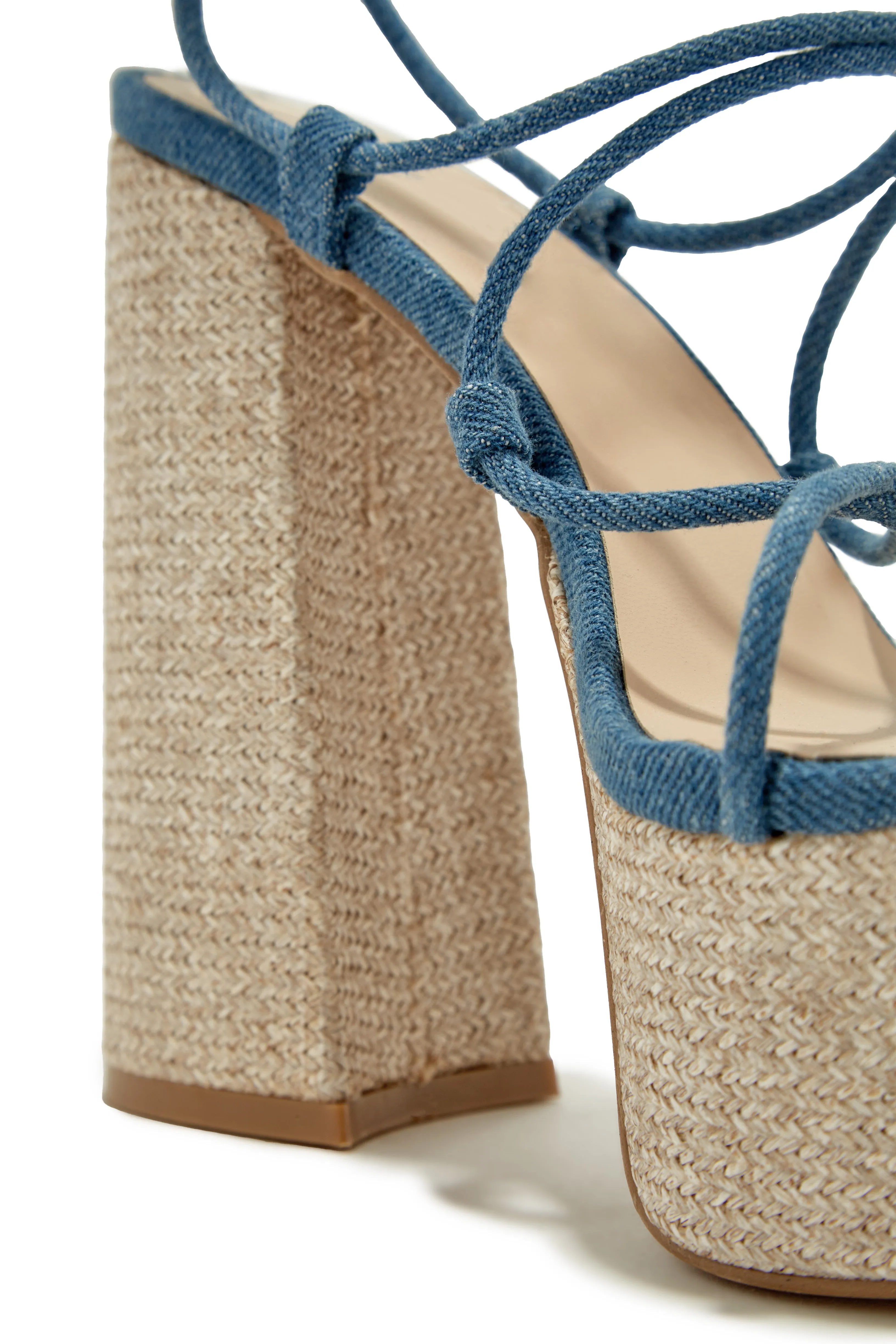 Brunch Al Fresco Lace Up Platform Block High Heels - Denim