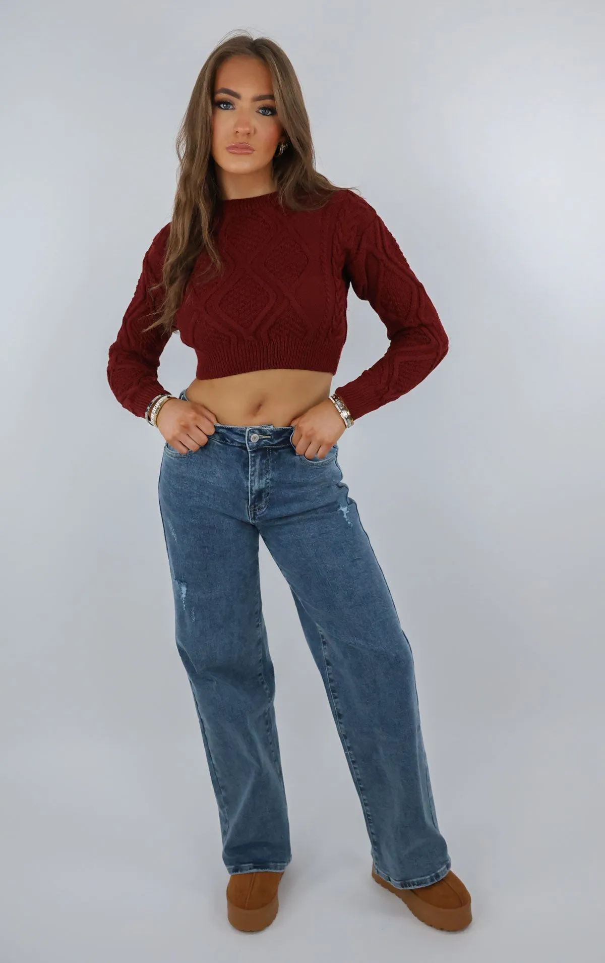 Burgundy Cropped Cable Knit Chunky Jumper