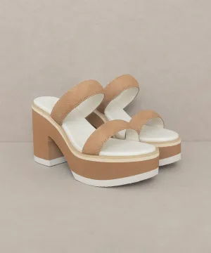 Camel Two Strap Chunky Slide In Platform Heeled Sandal