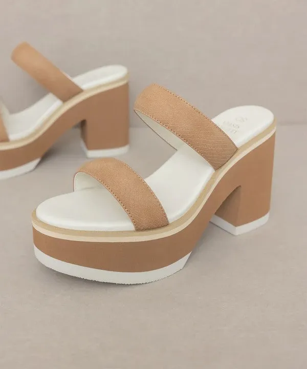 Camel Two Strap Chunky Slide In Platform Heeled Sandal