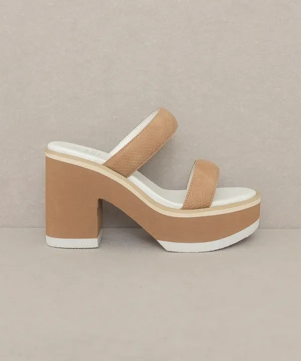 Camel Two Strap Chunky Slide In Platform Heeled Sandal