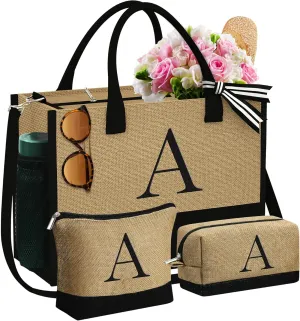 Christmas Gifts for Women – Initial Jute Tote & 2 Makeup Bags