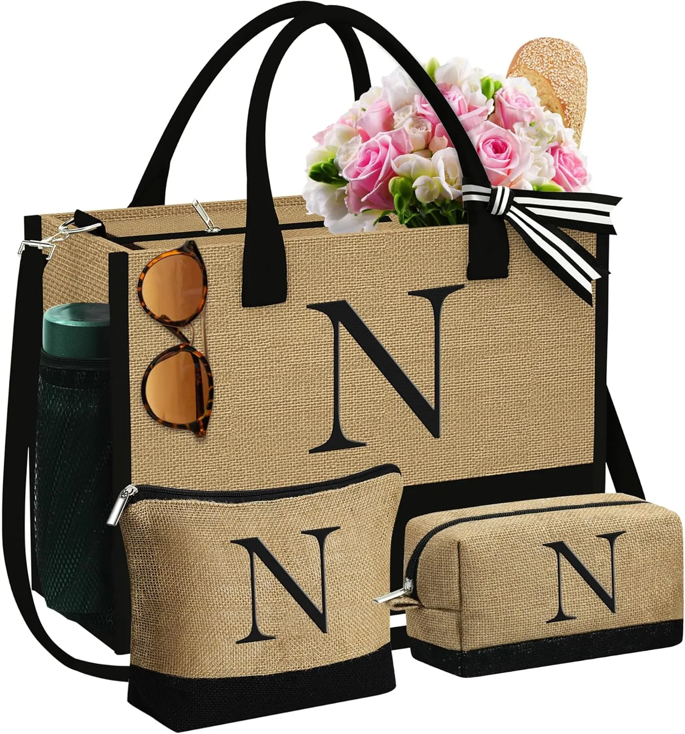 Christmas Gifts for Women – Initial Jute Tote & 2 Makeup Bags