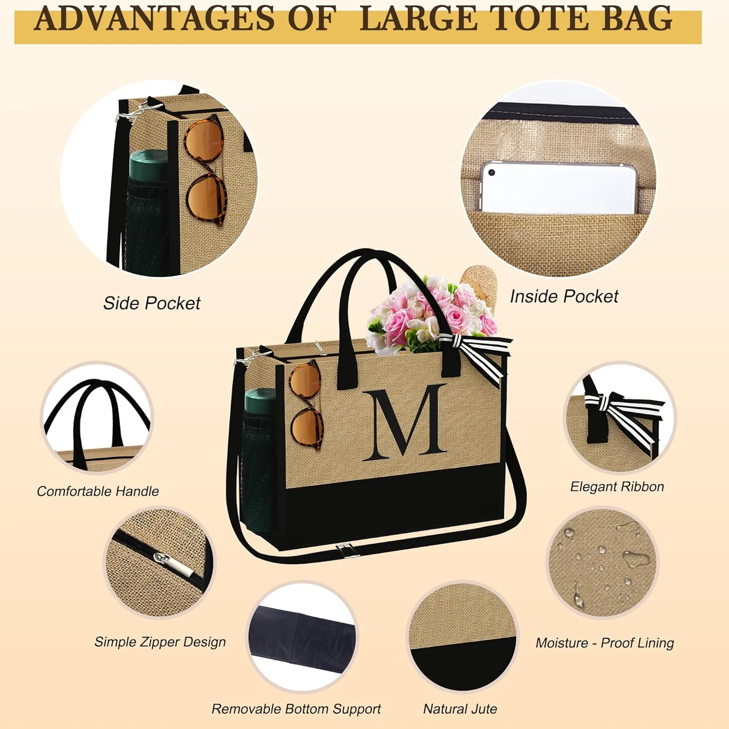 Christmas Gifts for Women – Initial Jute Tote & 2 Makeup Bags