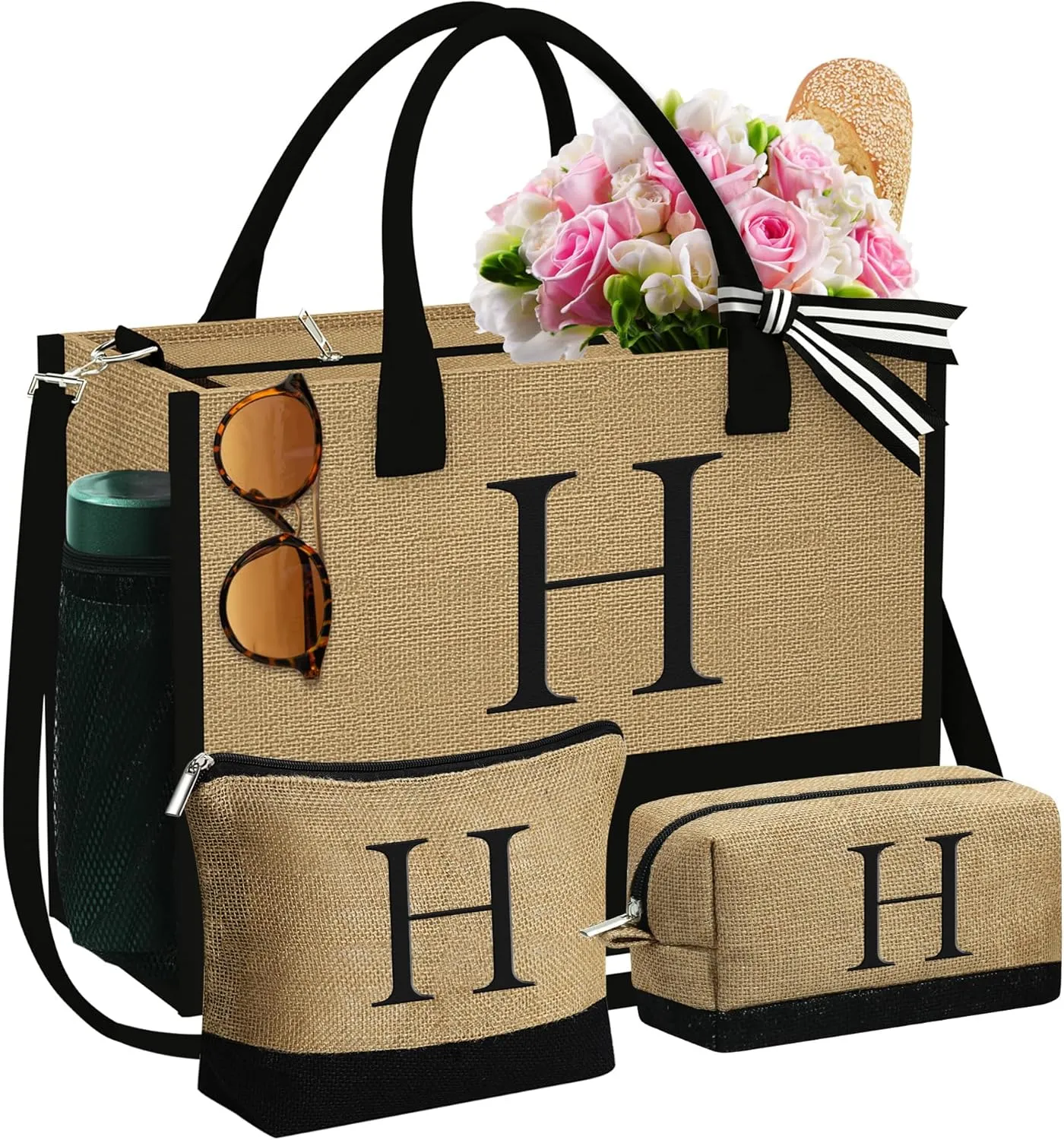 Christmas Gifts for Women – Initial Jute Tote & 2 Makeup Bags