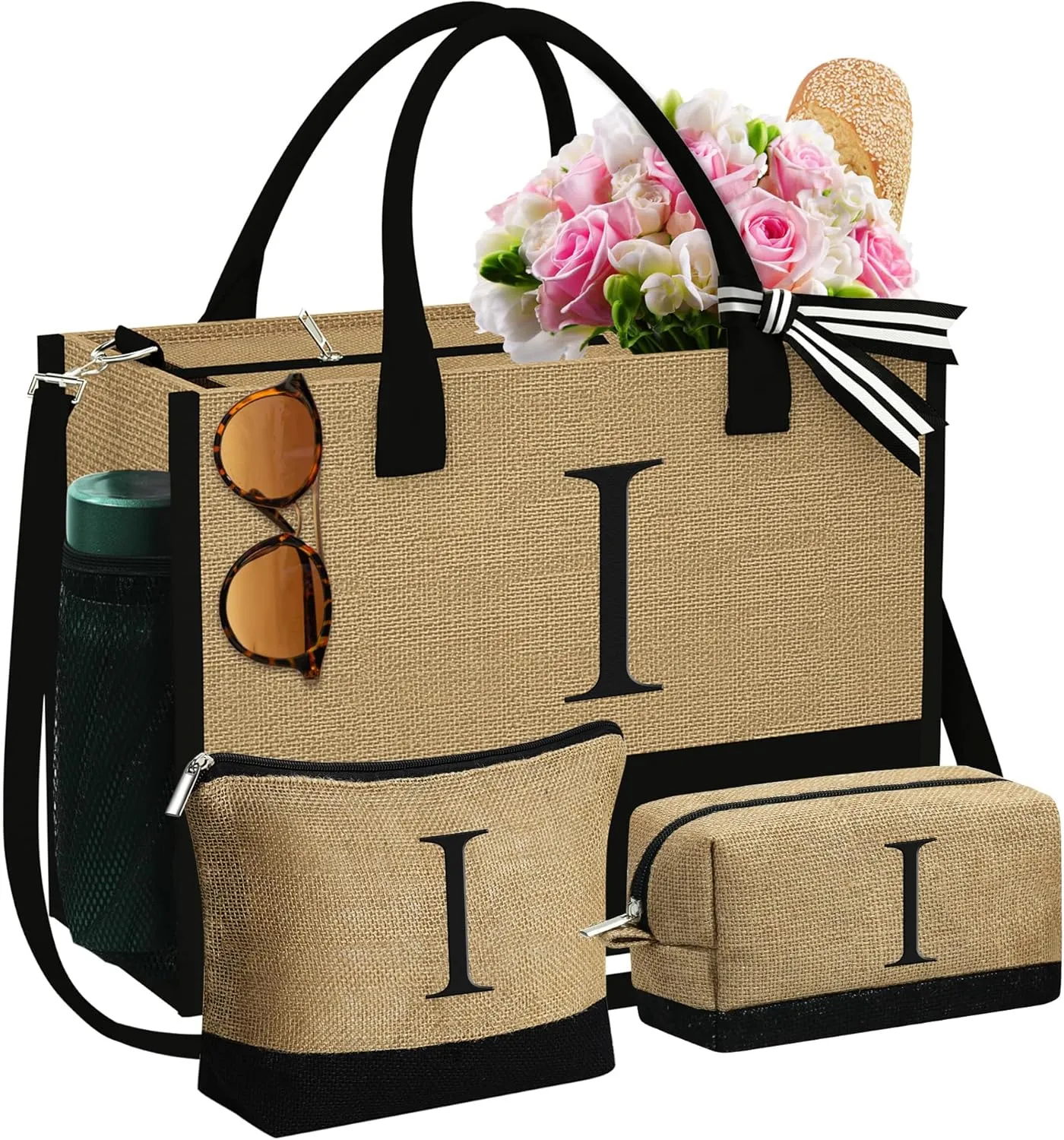 Christmas Gifts for Women – Initial Jute Tote & 2 Makeup Bags