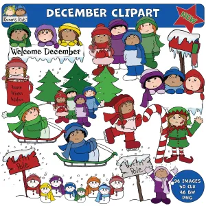 Christmas Winter Holiday Clipart Kids Candy Canes Elves Sledding (Karen's Kids Clipart)