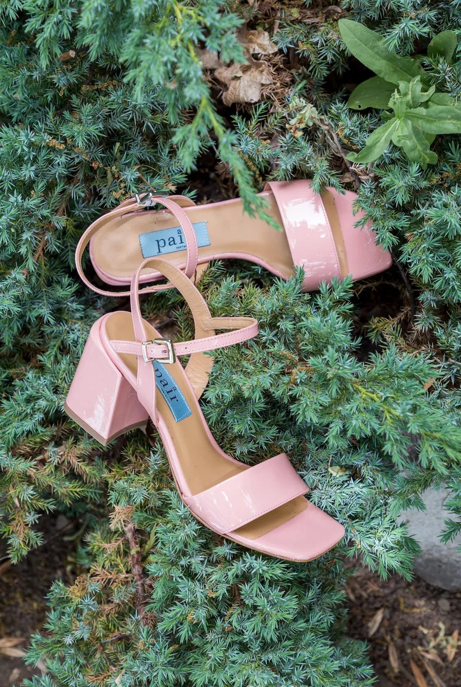 Chunky Classic Square Pink Patent Heeled Sandals