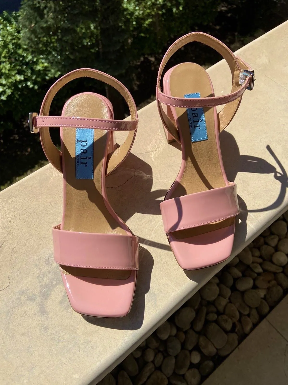 Chunky Classic Square Pink Patent Heeled Sandals