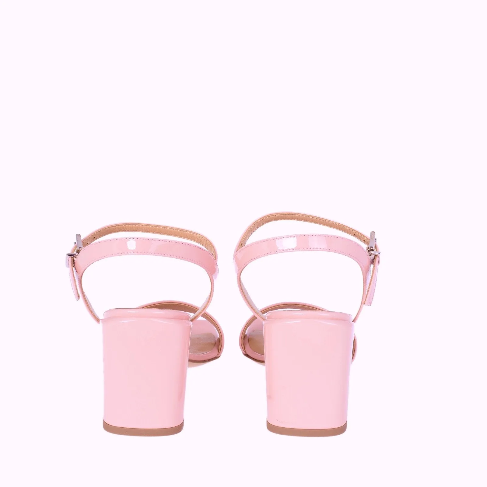 Chunky Classic Square Pink Patent Heeled Sandals