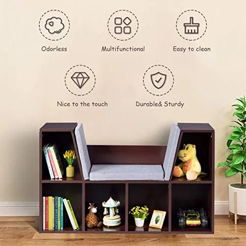 Costzon 6-Cubby Kids Bookcase w/Cushioned Reading Nook, Multi-Purpose Storage Organizer Cabinet Shelf for Children Girls & Boys Bedroom Decor Room (Espresso)