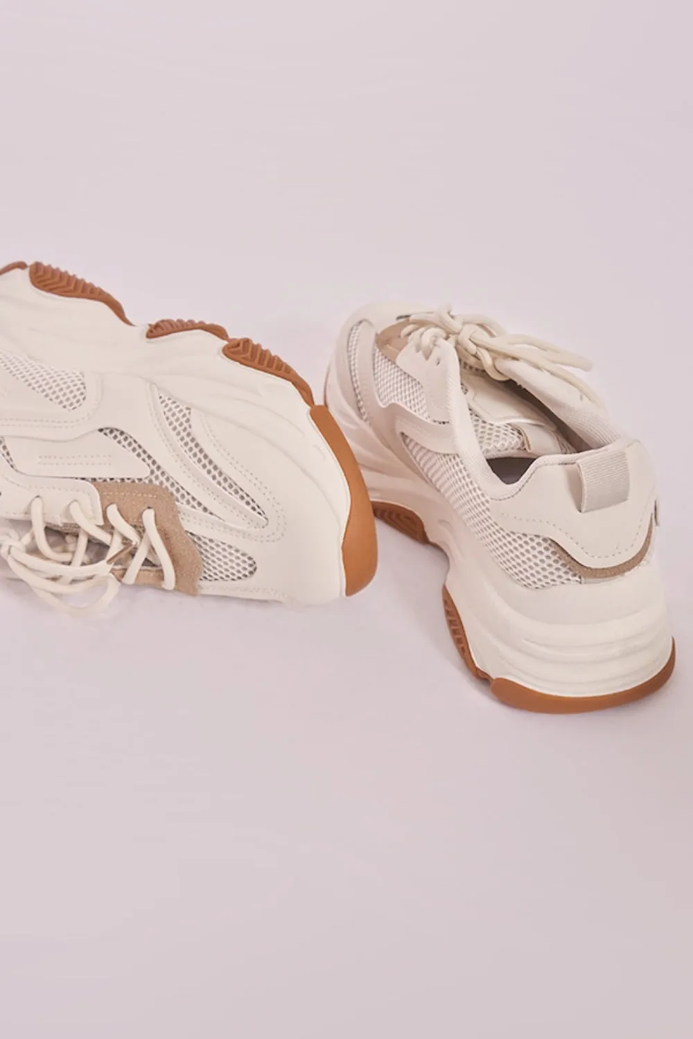 CREAM CHUNK SOLE TONAL MESH CONTRAST LACE UP TRAINERS