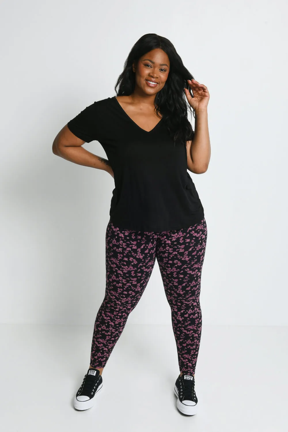 Curve Everyday High Waisted Leggings - Black/Burgundy Floral