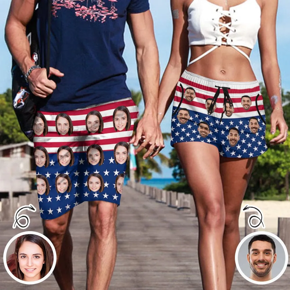 Custom Face American Flag Couple Matching Beach Shorts Personalized Men's Elastic Beach Shorts&Women's Mid-Length Board Shorts Swim Trunks