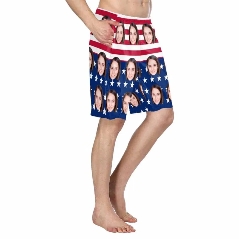 Custom Face American Flag Couple Matching Beach Shorts Personalized Men's Elastic Beach Shorts&Women's Mid-Length Board Shorts Swim Trunks