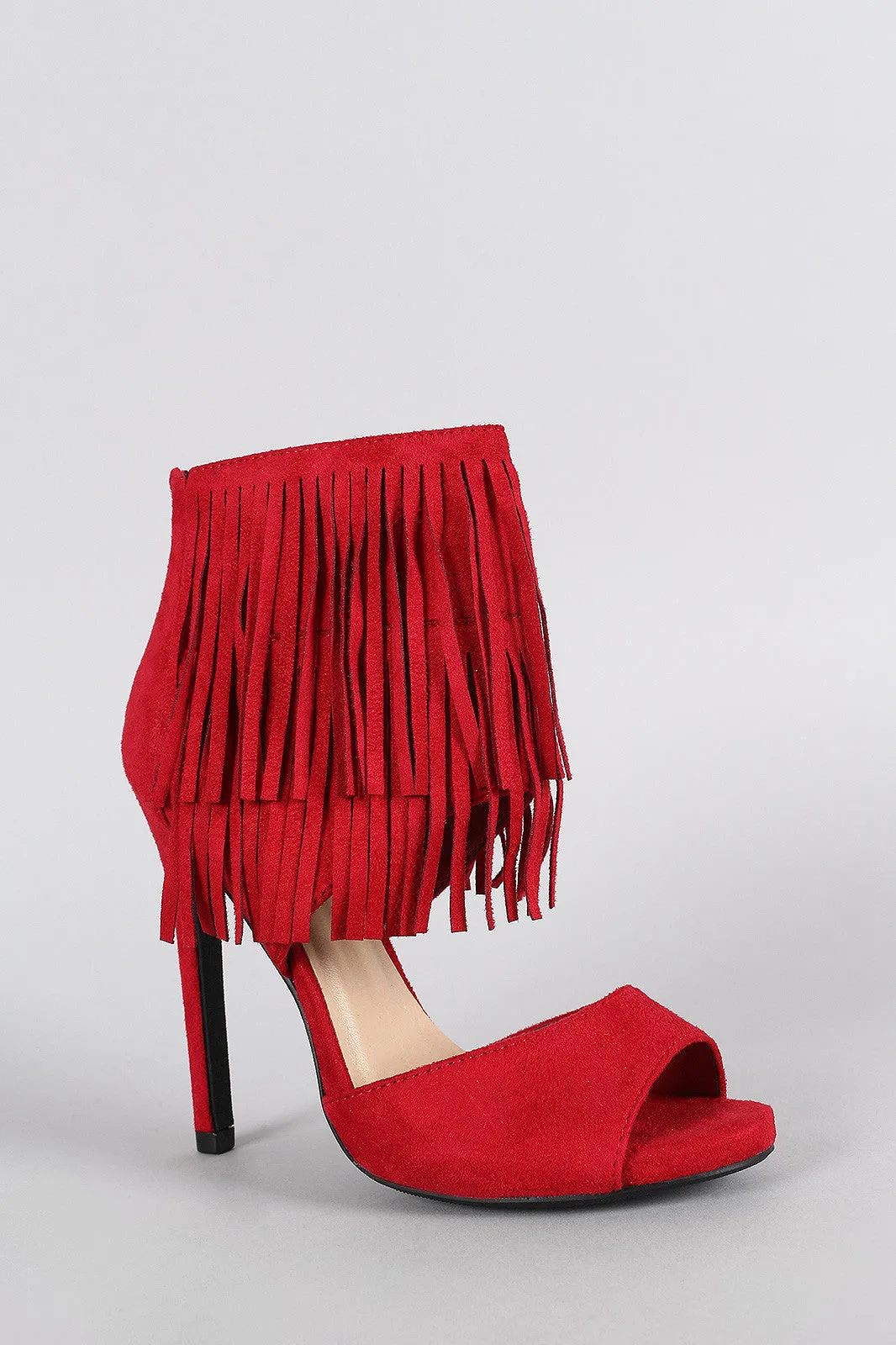 Delicious Fringe Tiers Ankle Cuff Peep Toe Heel