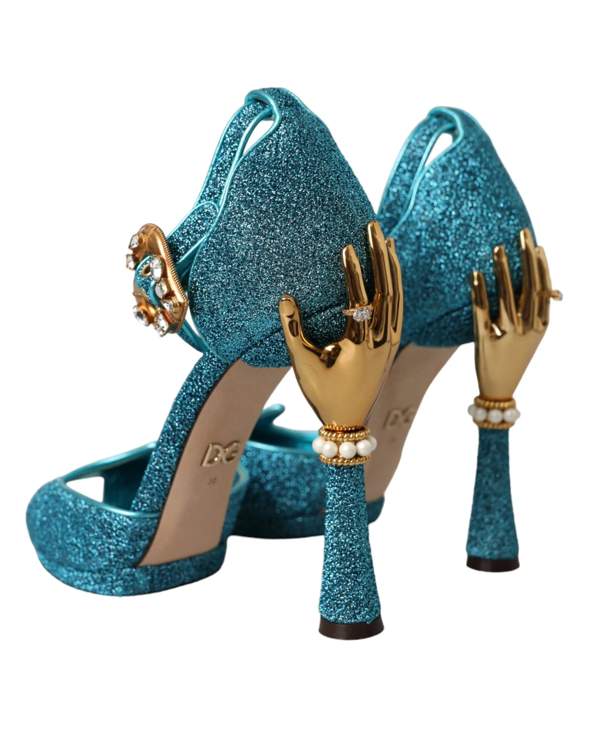 Dolce & Gabbana Blue Lurex Bejeweled Hand Heels Sandals Shoes