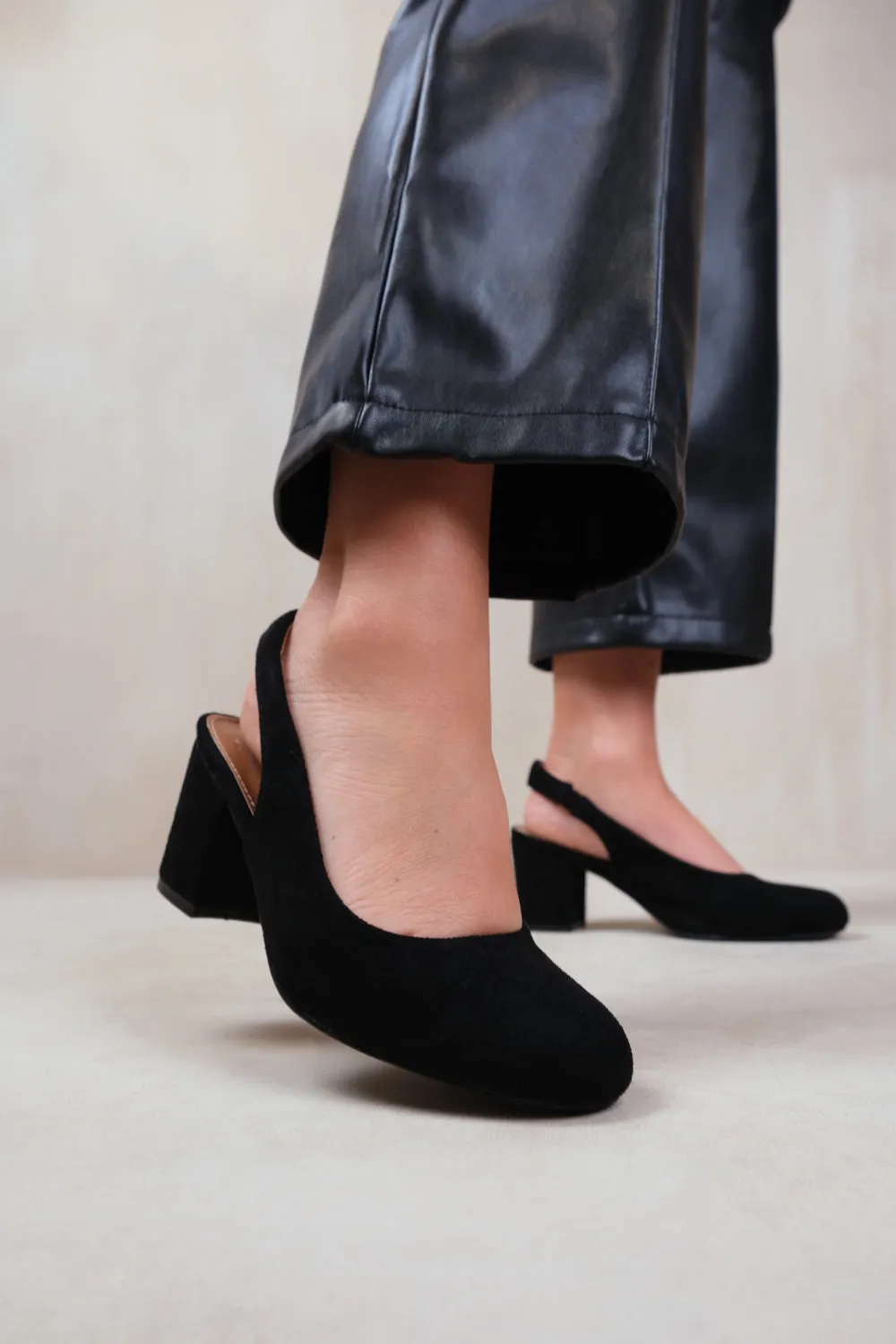 EDITH BLOCK HEEL SLINGBACK SHOES IN BLACK SUEDE