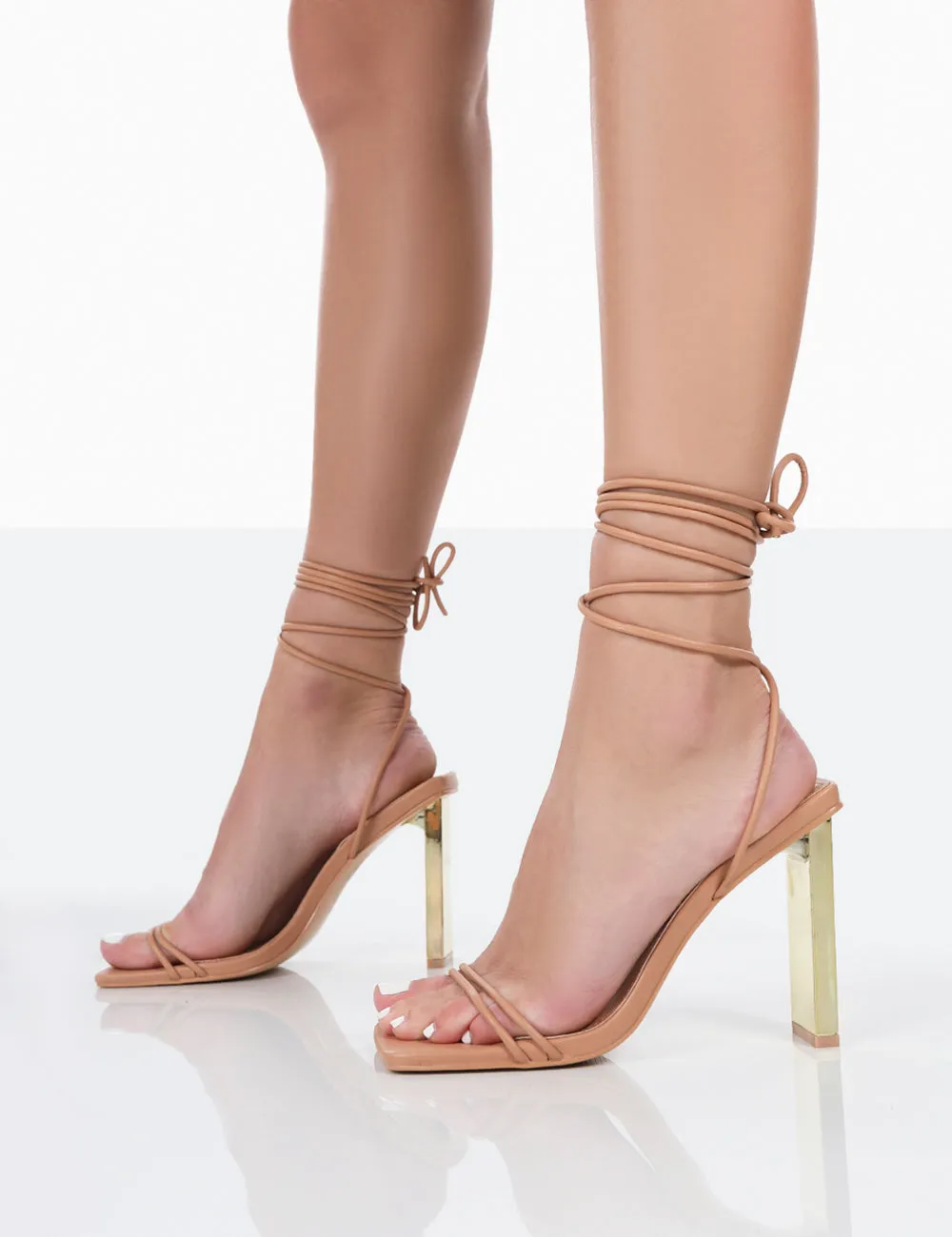 Either Way Wide Fit Nude Patent Pu Square Toe Lace Up Thin Block Heels