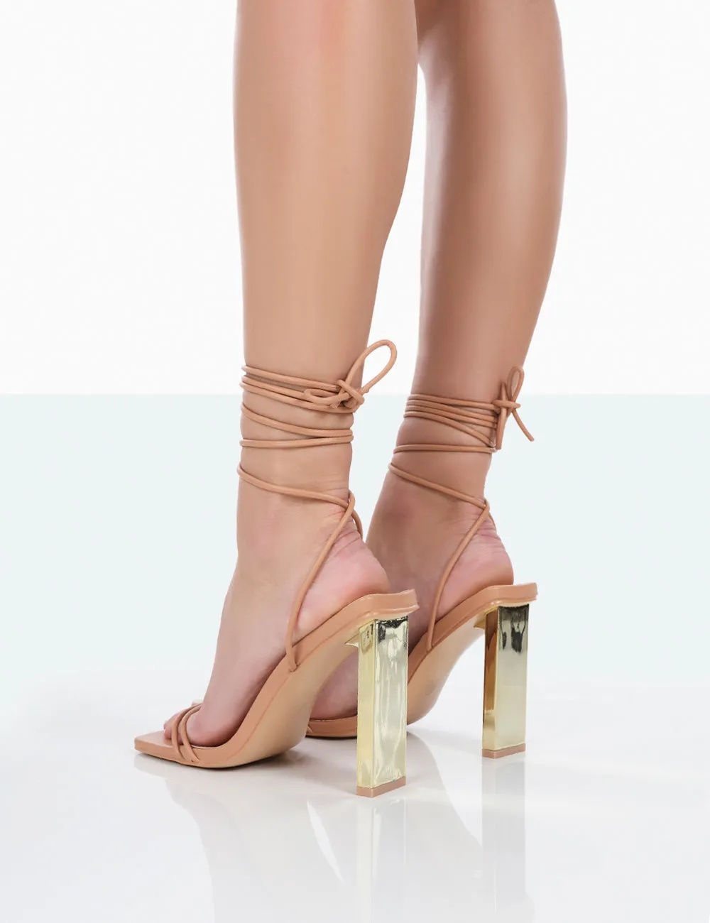 Either Way Wide Fit Nude Patent Pu Square Toe Lace Up Thin Block Heels