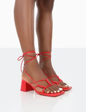 Fanatic Red PU Square Toe Lace Up Block Mid Heeled Sandals