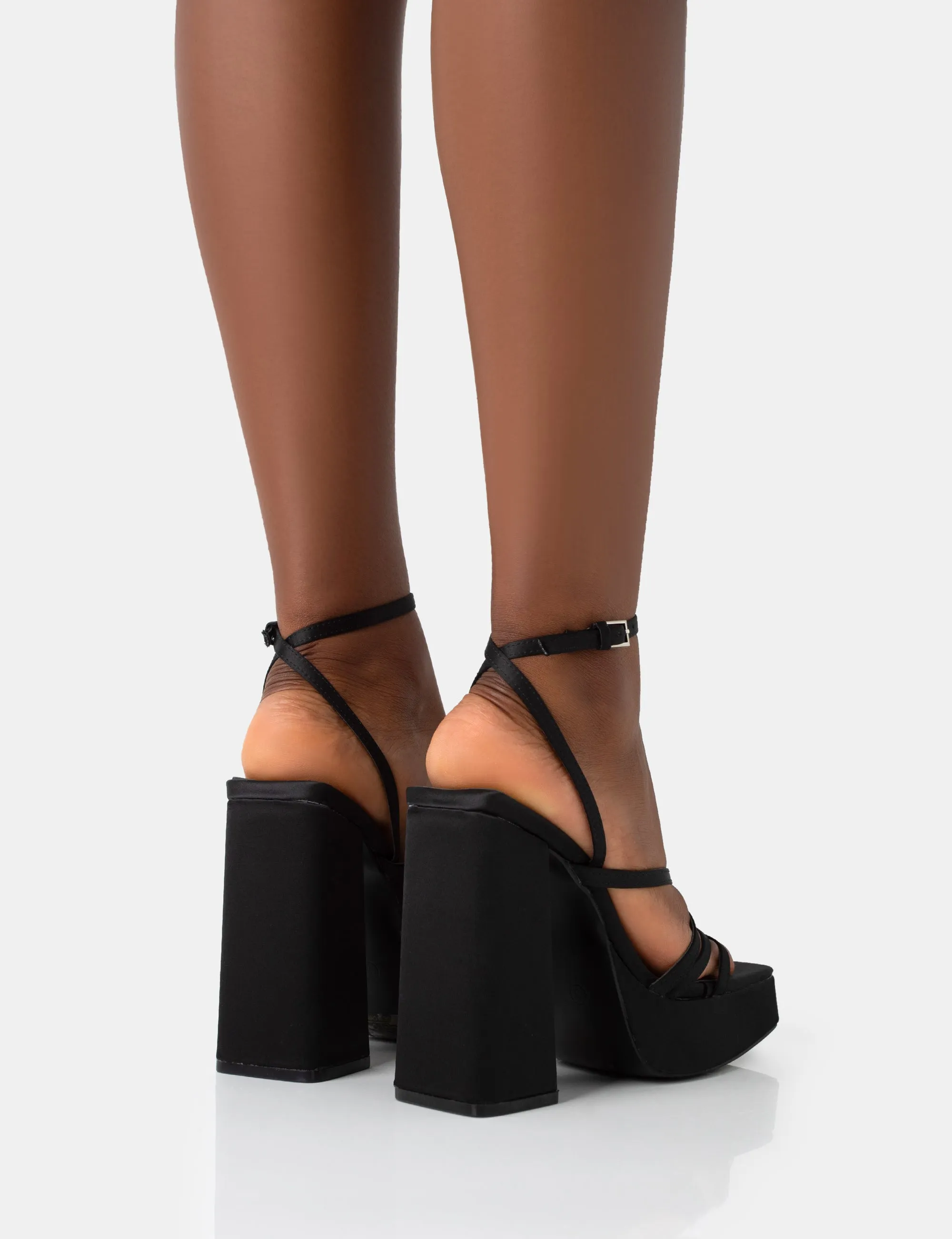 Fate Black Satin Strappy Wrap Around The Ankle Platfrom Block Heels