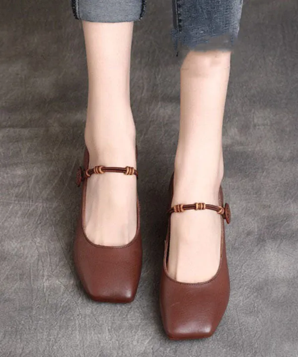 Fine Buckle Strap Splicing Chunky High Heels Brown Cowhide Leather LY7596