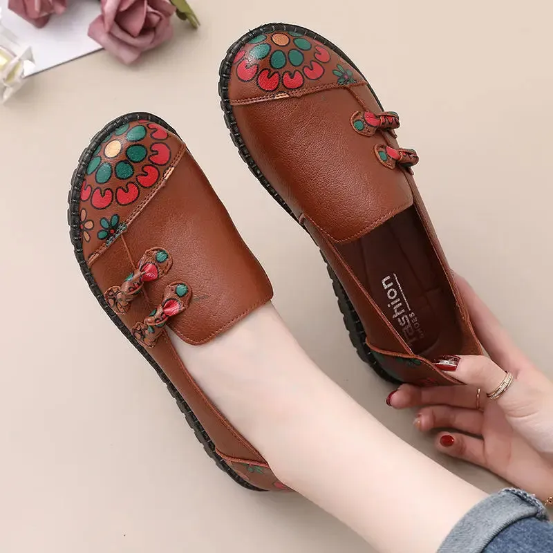 Flower Flat Women's Casual Shoes GCSK51Leather Loafers Chinese Style