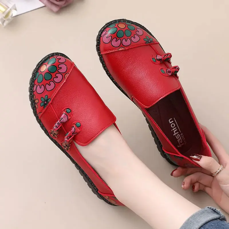 Flower Flat Women's Casual Shoes GCSK51Leather Loafers Chinese Style