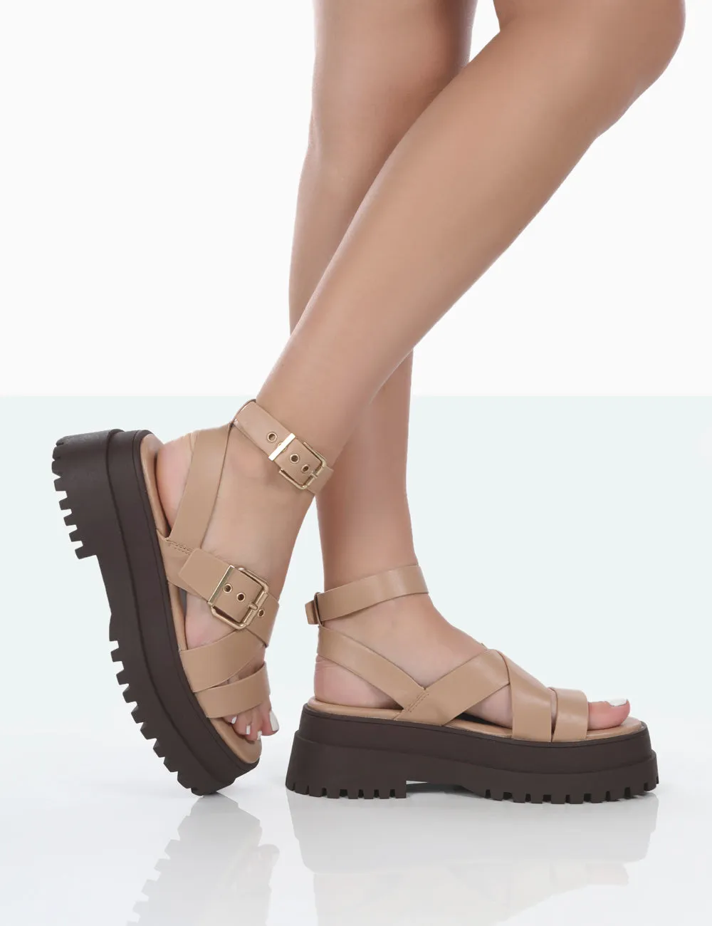 Follow Nude & Choc PU Chunky Buckle Sandals