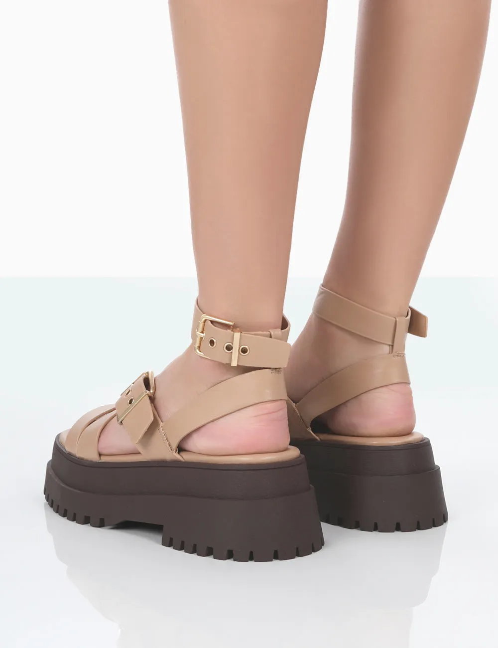 Follow Nude & Choc PU Chunky Buckle Sandals