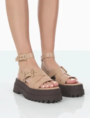 Follow Nude & Choc PU Chunky Buckle Sandals