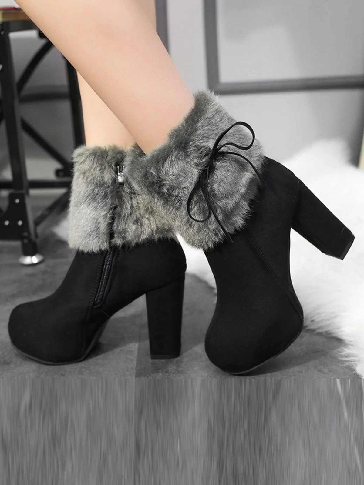 Furry Round Toe Zipper Chunky High Heel Platform Boots