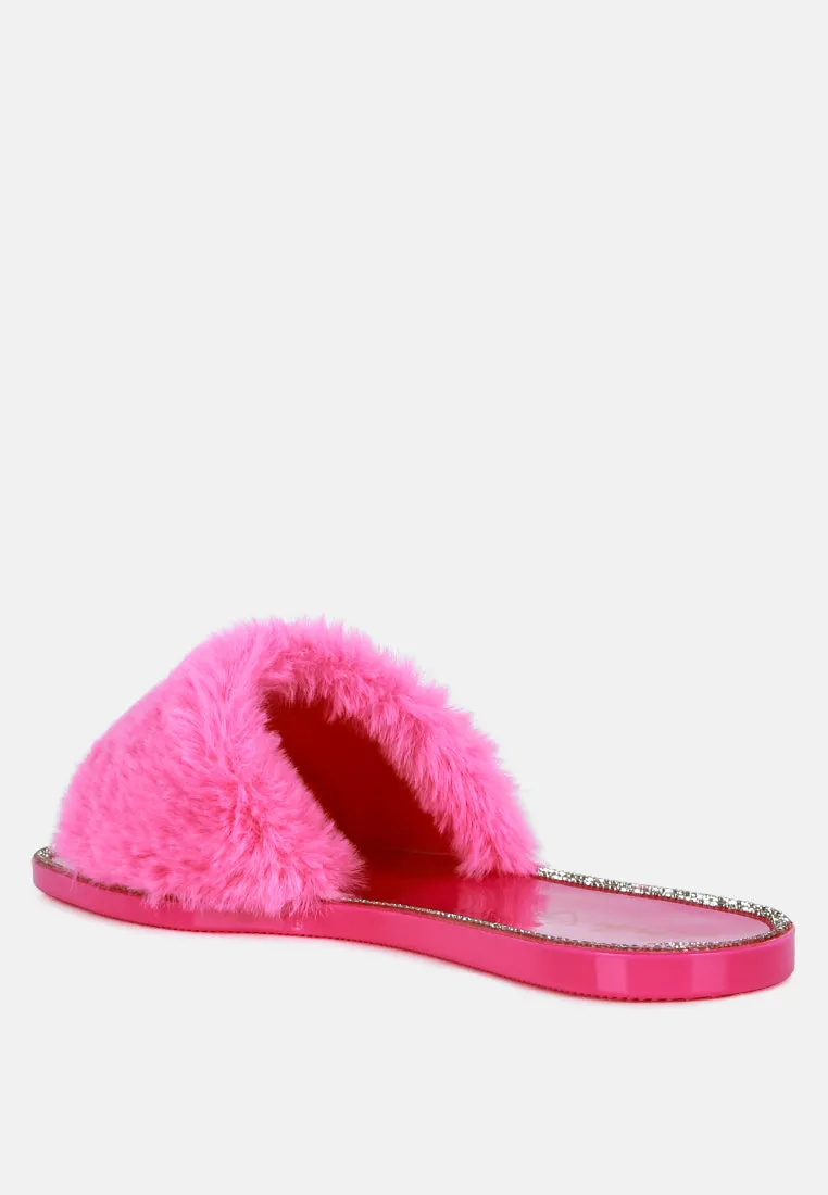 Geese Faux Fur Diamante Detail Jelly Flats