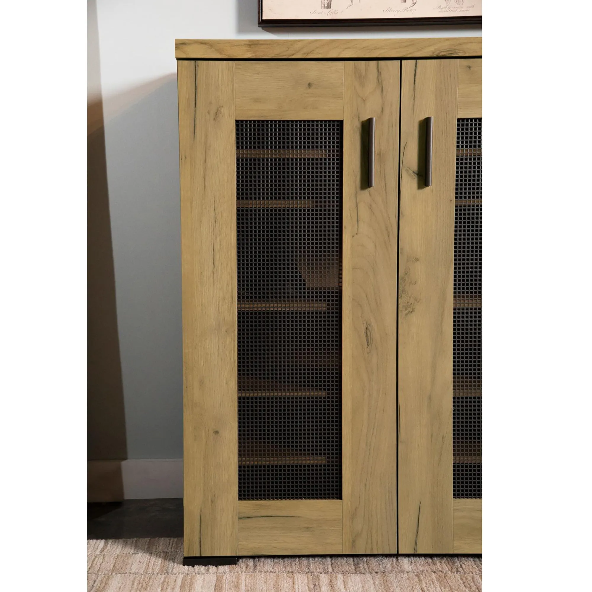 Golden Oak and Black Mesh Door Accent Cabinet