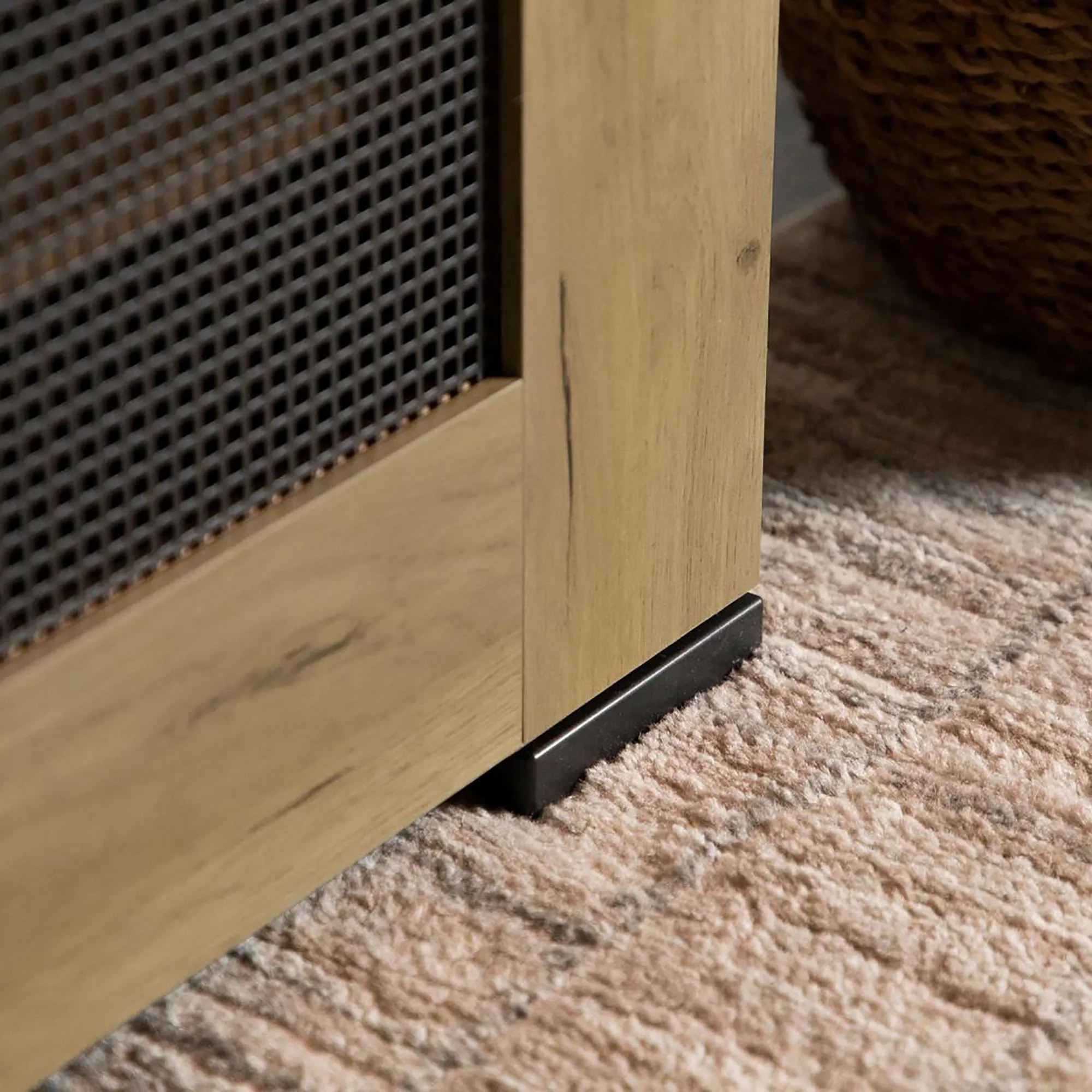 Golden Oak and Black Mesh Door Accent Cabinet