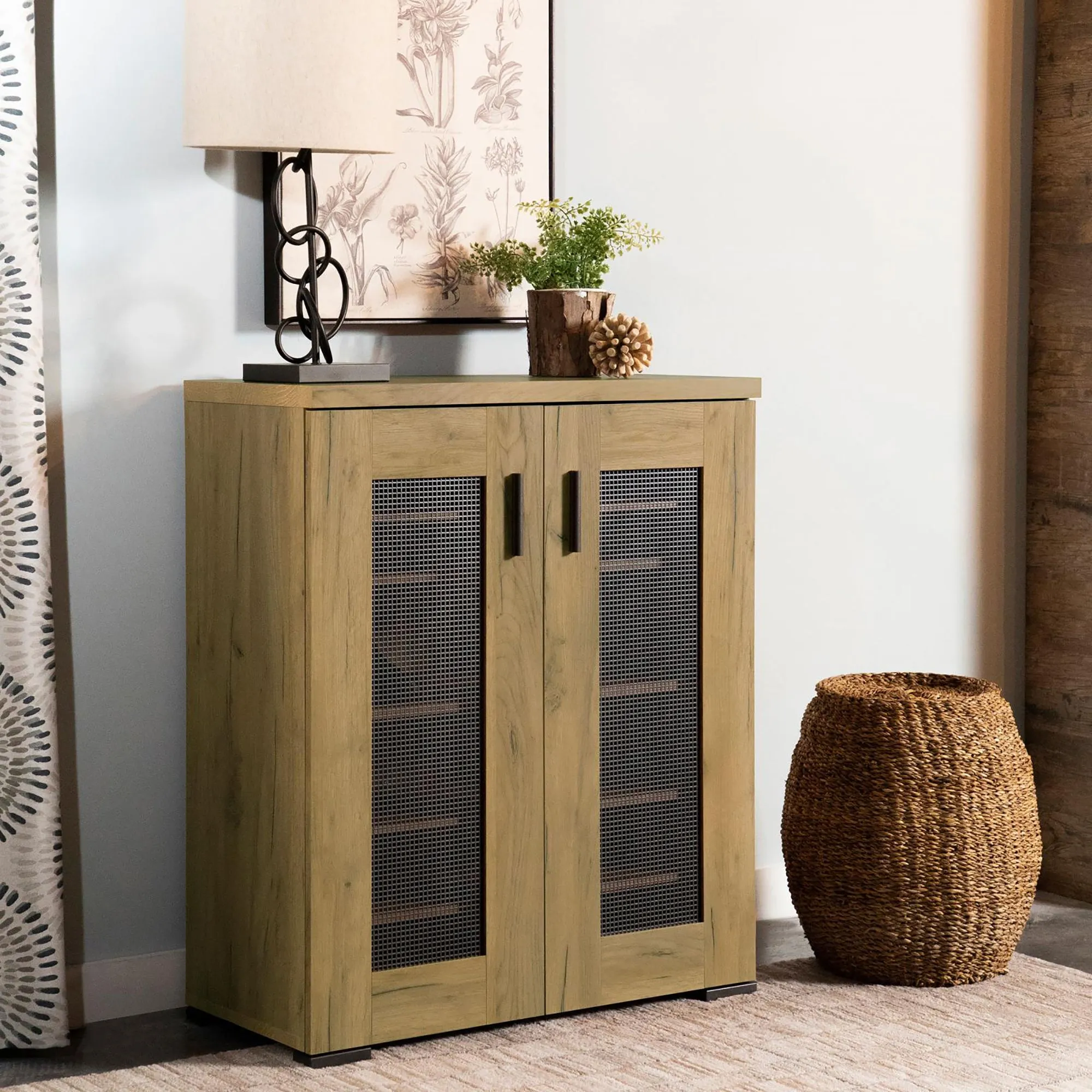 Golden Oak and Black Mesh Door Accent Cabinet