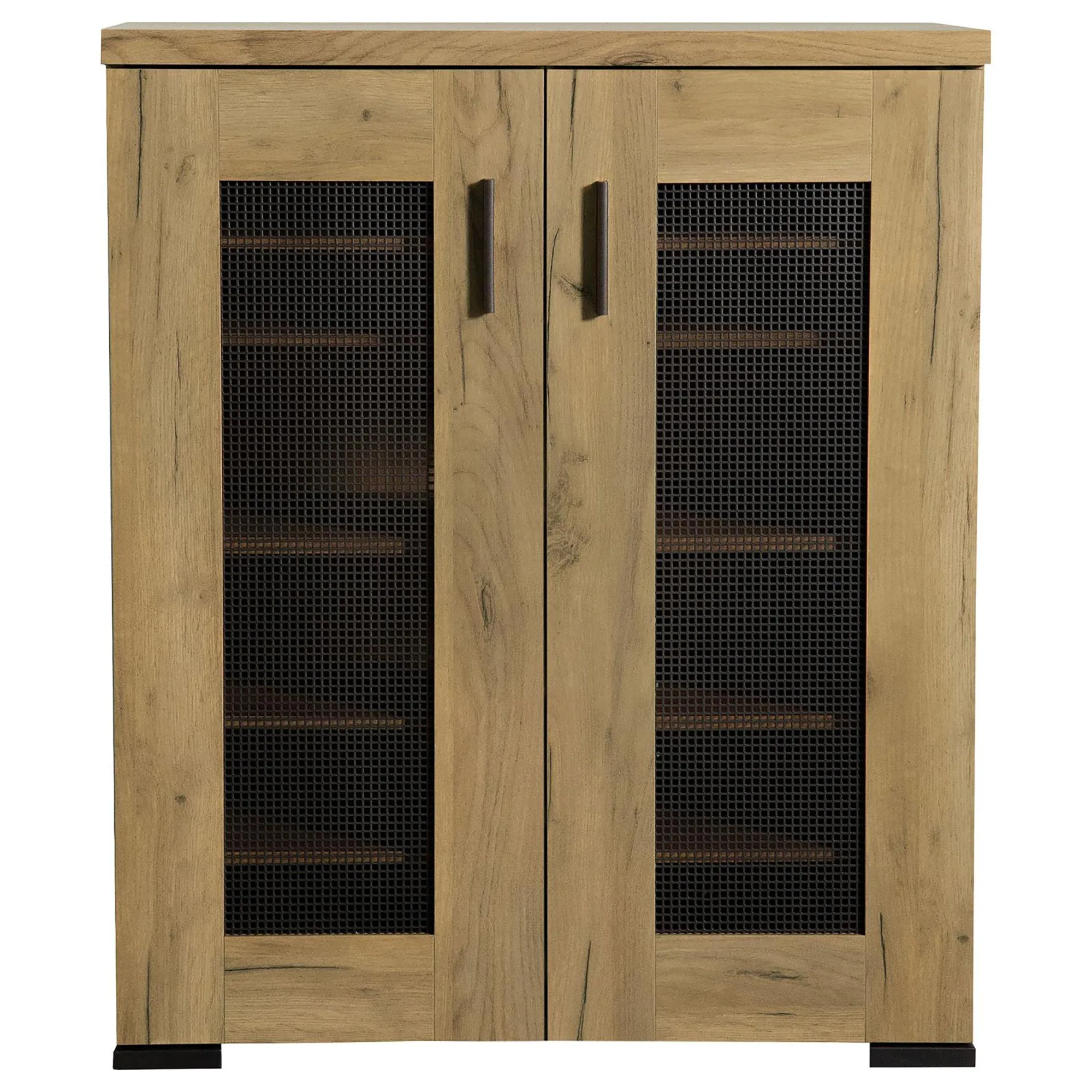 Golden Oak and Black Mesh Door Accent Cabinet