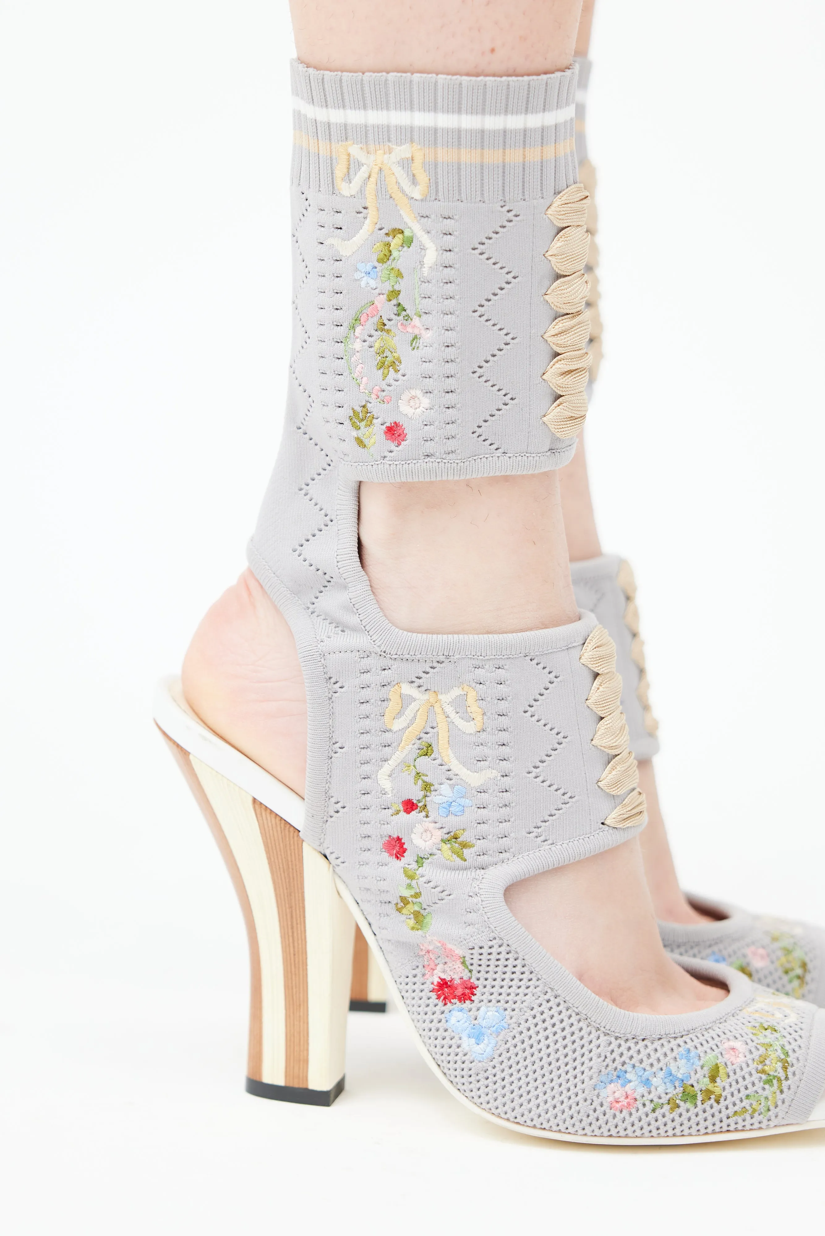 Grey Floral Embroidered Gladiator Heel