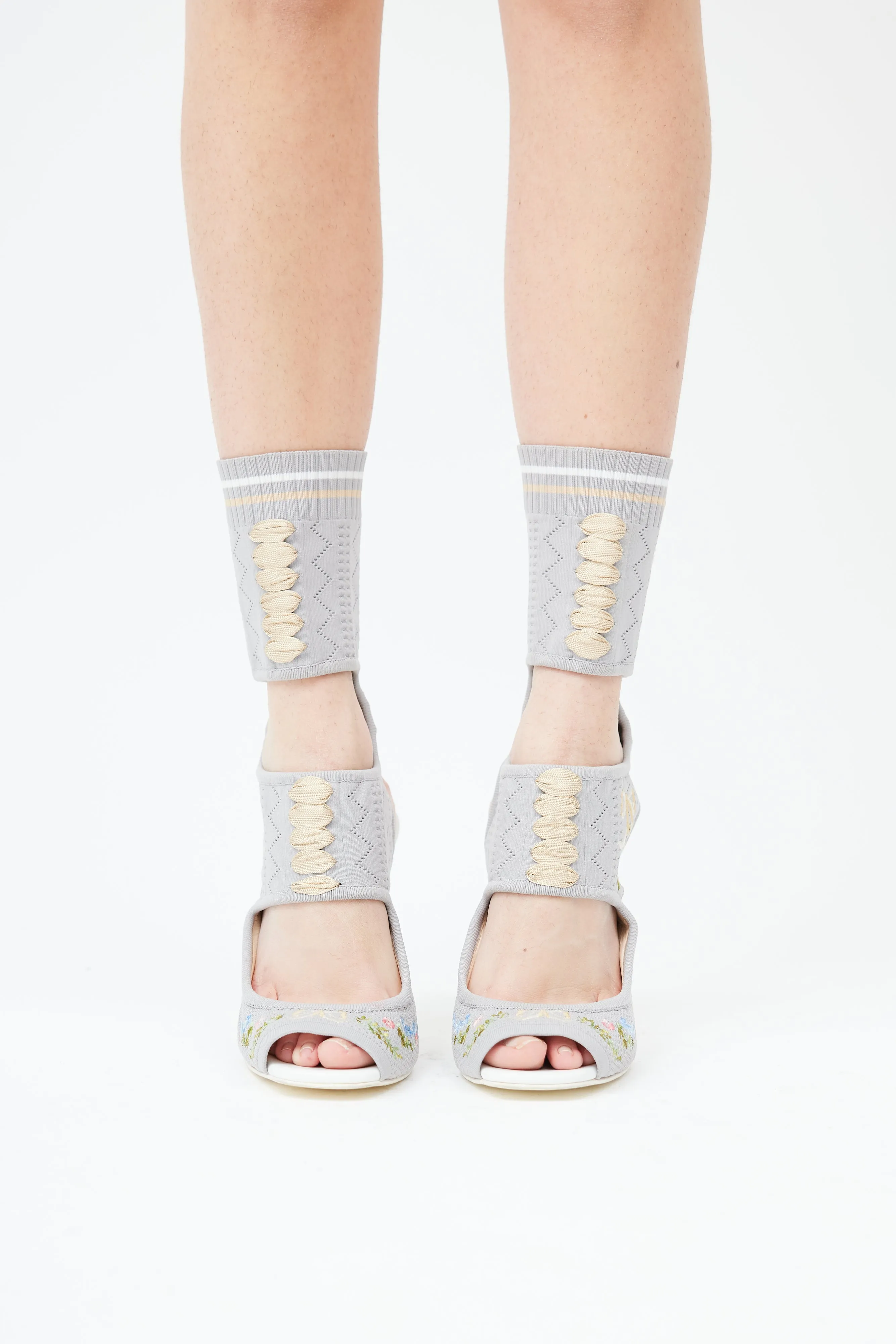 Grey Floral Embroidered Gladiator Heel