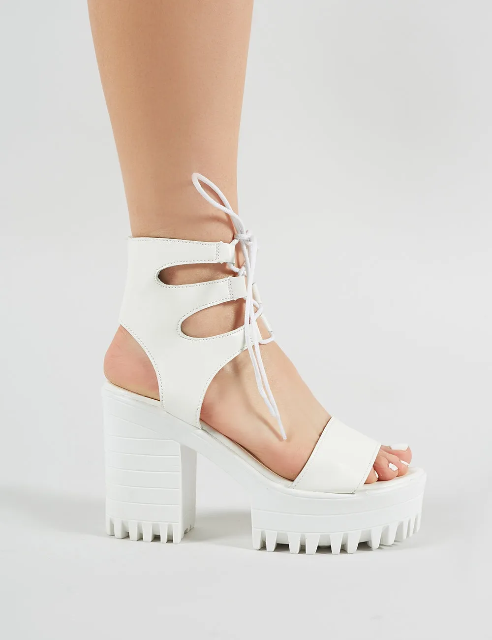 Hailey Lace Up Chunky Heels in White PU